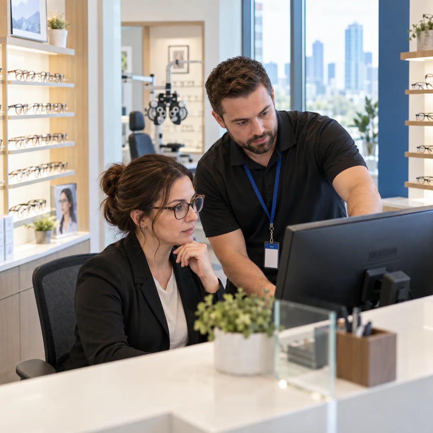 Managed IT services Edmonton technician supporting an optometry clinic reception workstation