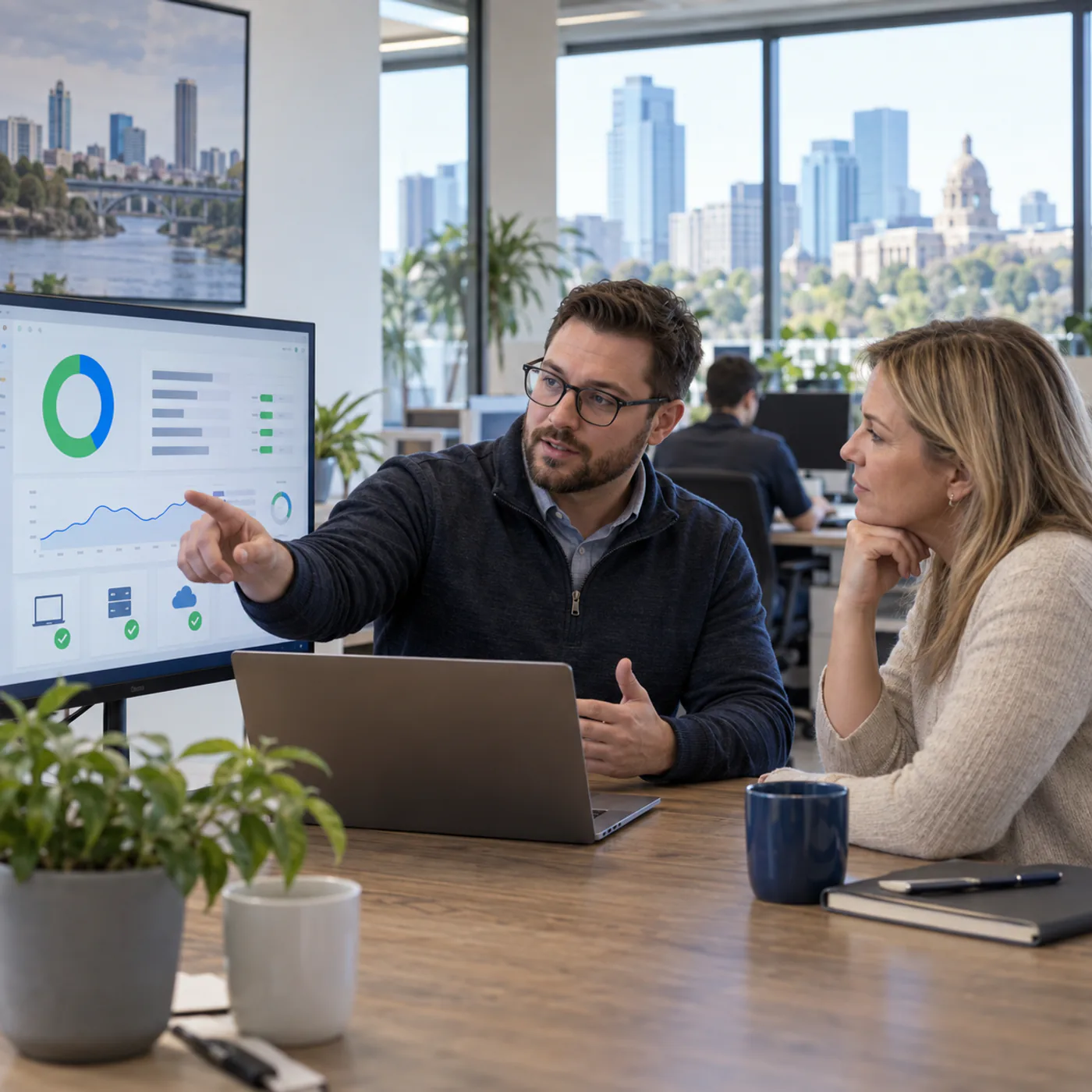 Managed IT services Edmonton consultant explaining system monitoring to a local business owner