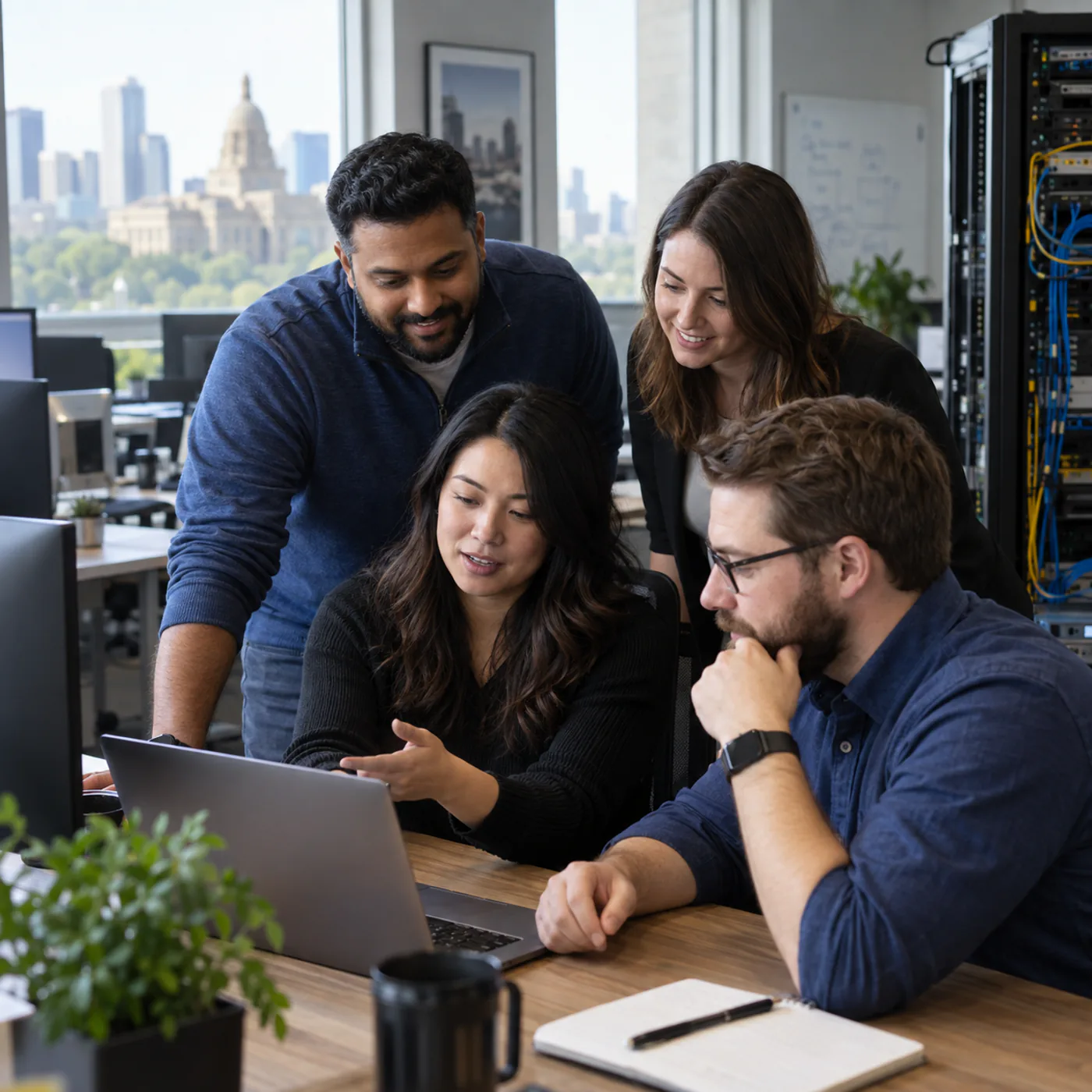About Managed IT Services Edmonton team collaborating around a laptop in their local office