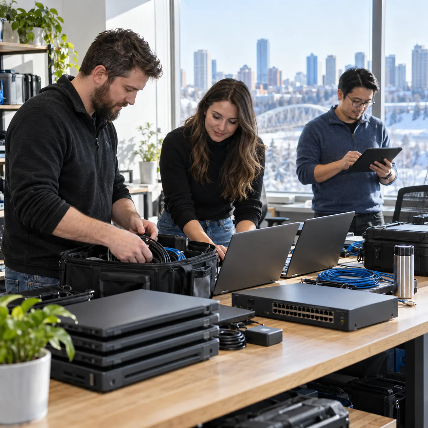 Edmonton managed IT team preparing laptops and network equipment for an on-site client visit