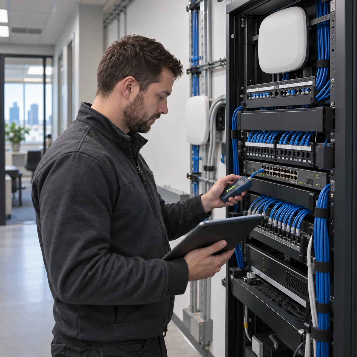 Network support Edmonton technician testing organized business network equipment and cabling
