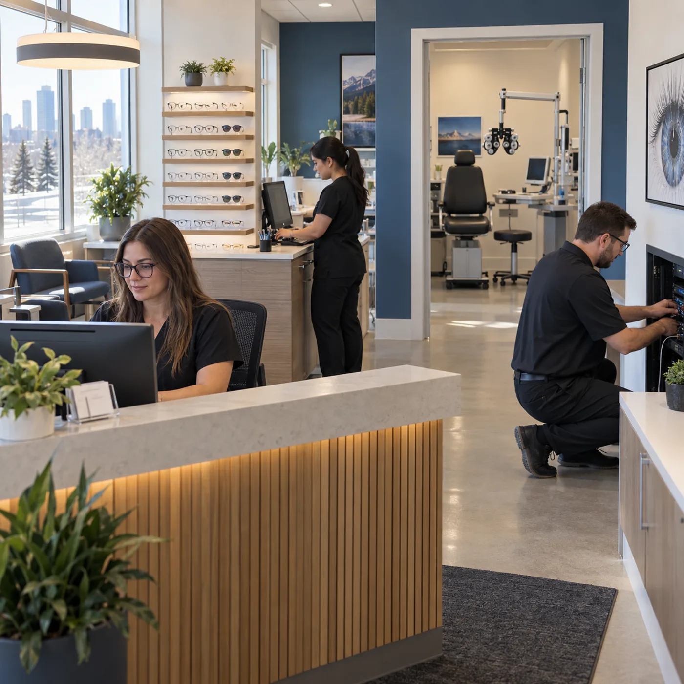 Optometry clinic IT support Edmonton specialist checking a secure clinic technology setup